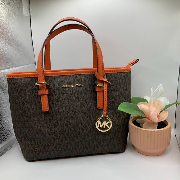 Michael Kors Jet Set Carryall Tote Small Tangerine Brown Gold Tone Purse Bag - Picture 1 of 12